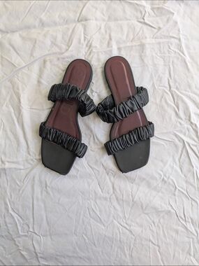 STAUD Black Ruched Double-Strap Slide Sandals